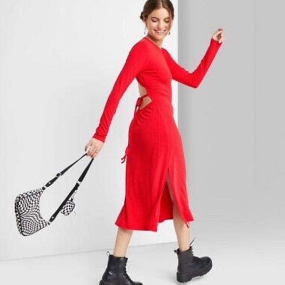 Wild Fable Women's Long Sleeve Open Back Midi Knit Red Dress- Size Large - Picture 1 of 6